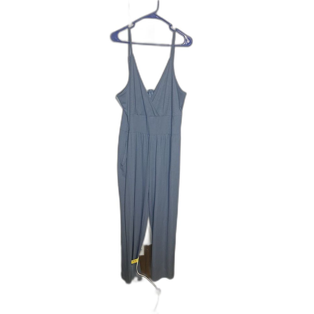 Slate Blue Ribbed Wide Leg Jumpsuit Surplice Wrap Neck Adjustable Straps